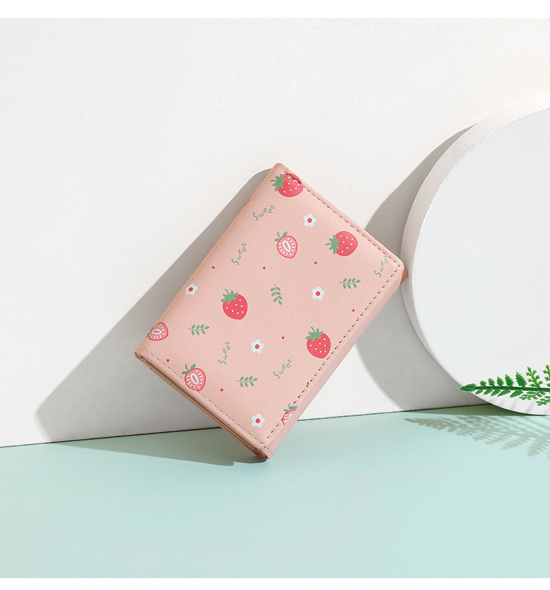 Bifold Leather Wallet - Leuke drievoudige damesportemonnee, kort PU-leer, aardbeienprint,